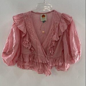 Farm Rio Blush Pink Puff Sleeve V-Neck Cropped Bohemian Blouse. NWT